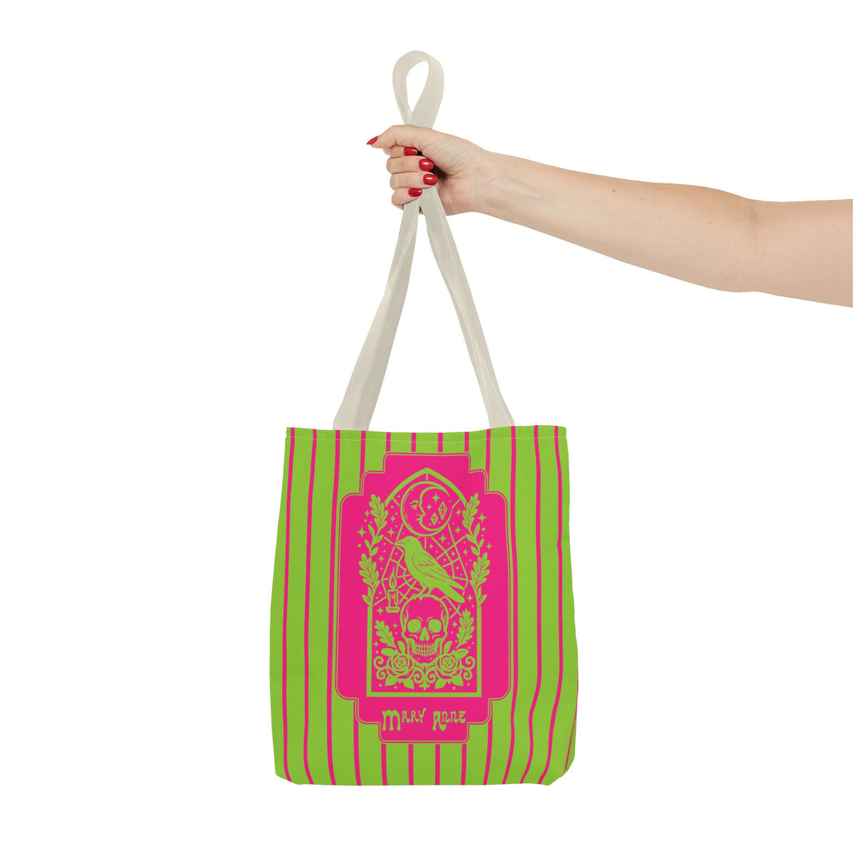 Neon Gothic Raven and Skull Tote Bag - Personalizable Pink and Green Retro Goth Carryall