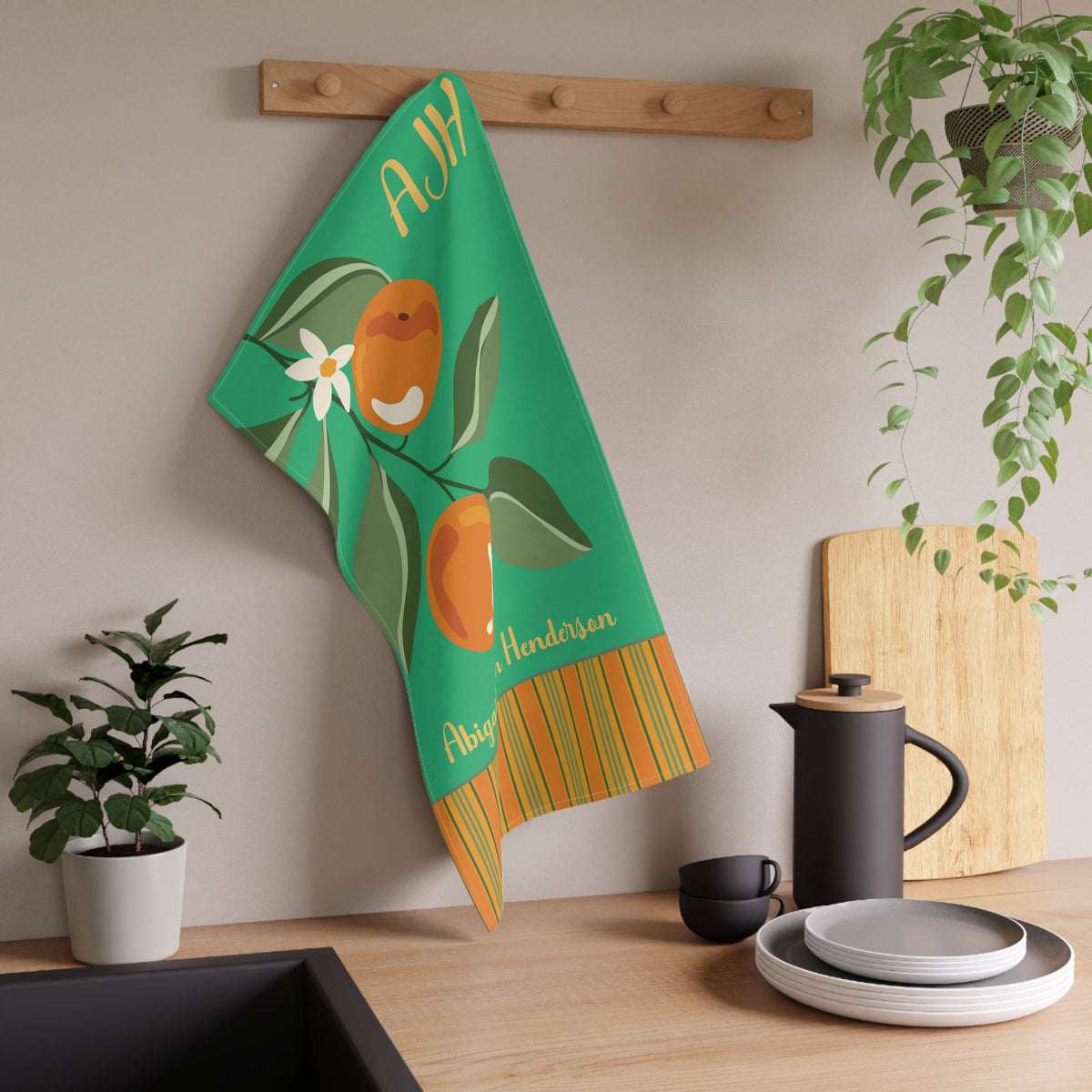 Personalizable Citrus Tea Towel — Name and Monogram Orange Striped Decorative Towel