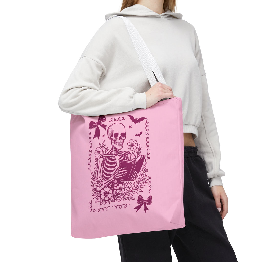 Floral Pink Reading Skeleton Tote Bag  - Cute Gothic Booklover Tote