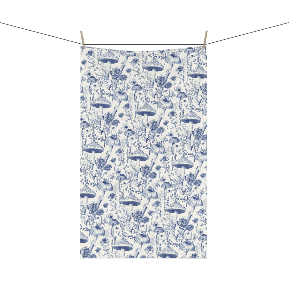 Botanical Toile de Jouy Tea Towel - Mushroom and Wildflower Blue Kitchen Towel