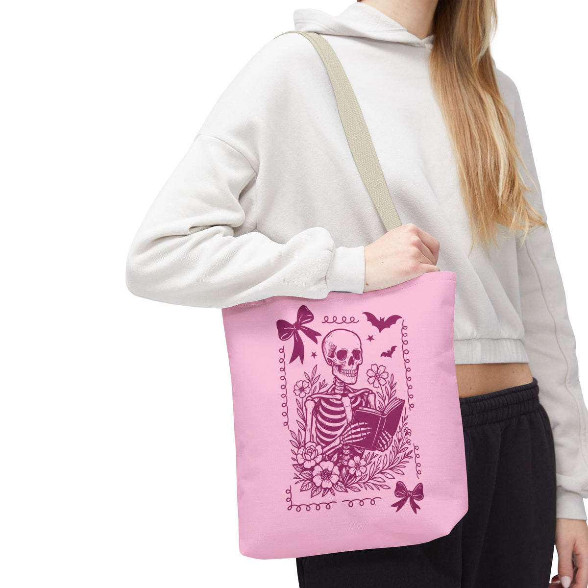 Floral Pink Reading Skeleton Tote Bag  - Cute Gothic Booklover Tote