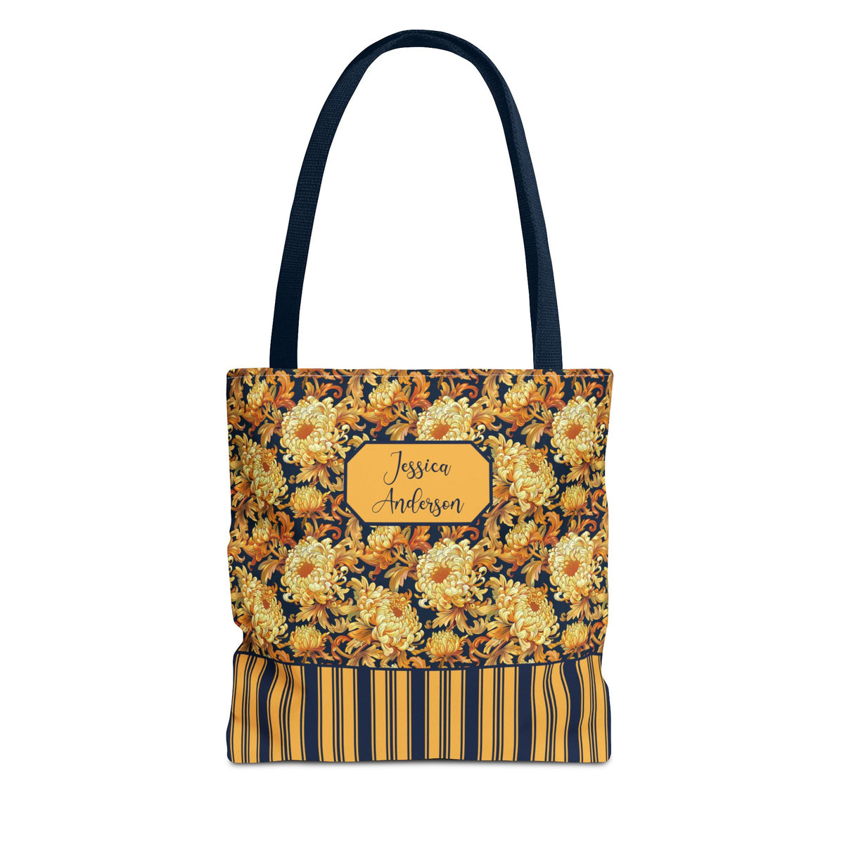 Personalizable Floral Harvest Tote Bag — Vintage Chrysanthemum Striped Tote