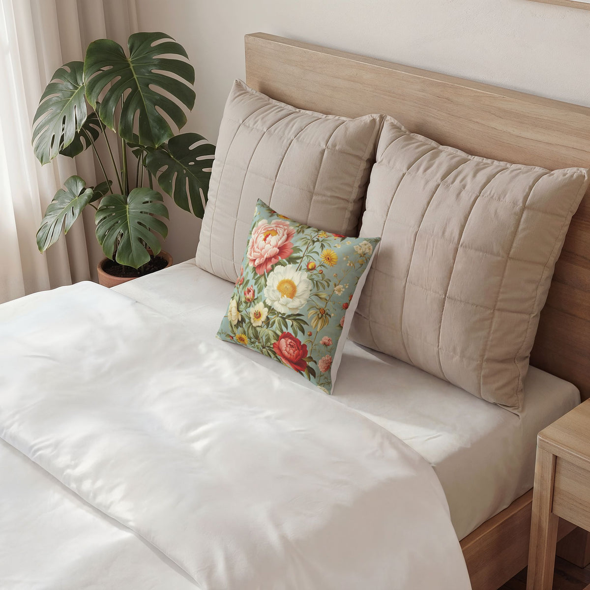 Velvet Floral Throw Pillow - Peonies and Daisies on Mint Vintage Decorative Pillow