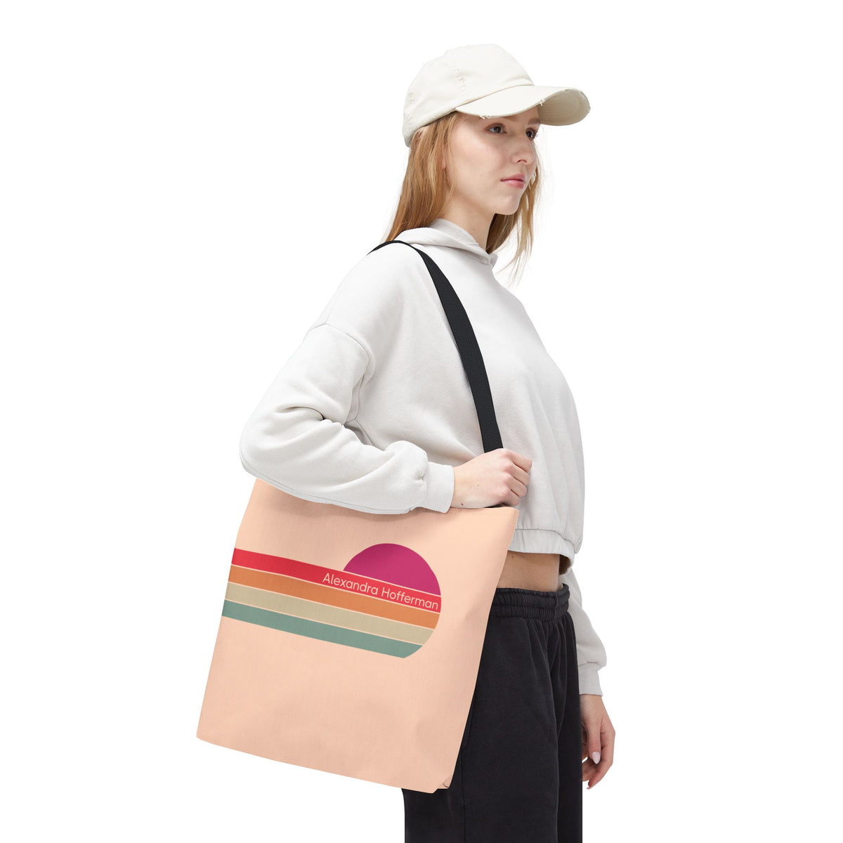 Personalizable Retro Sunset Tote Bag — Pastel Stripes Beach Vibe Carryall