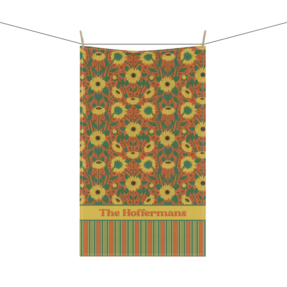 Personalized Tea Towel - Autumn Sunflower Stripe Kitchen Towel