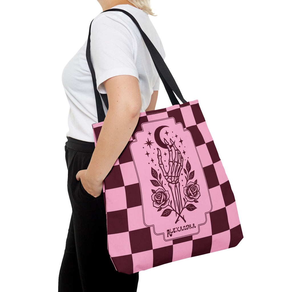 Personalizable Pink Checker Skeletal Hand Tote Bag — Gothic Moon and Roses Carryall