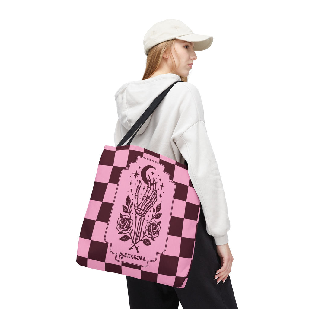Personalizable Pink Checker Skeletal Hand Tote Bag — Gothic Moon and Roses Carryall
