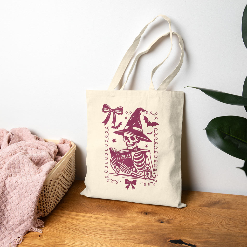 Coquette Reading Witch Skeleton Tote - Cute Goth Canvas Tote
