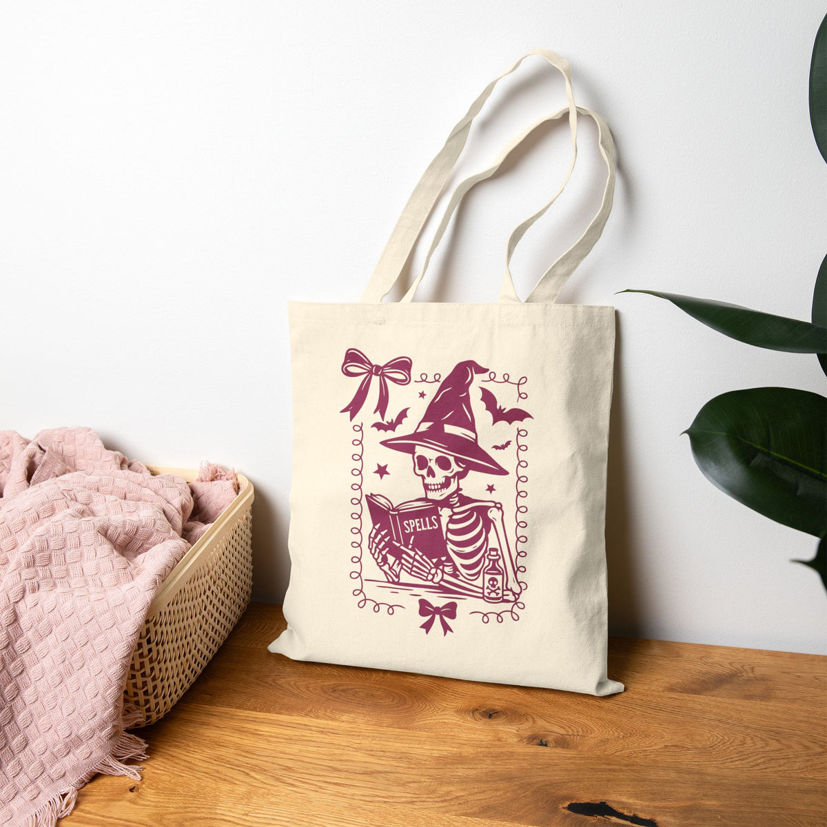 Coquette Reading Witch Skeleton Tote - Cute Goth Canvas Tote