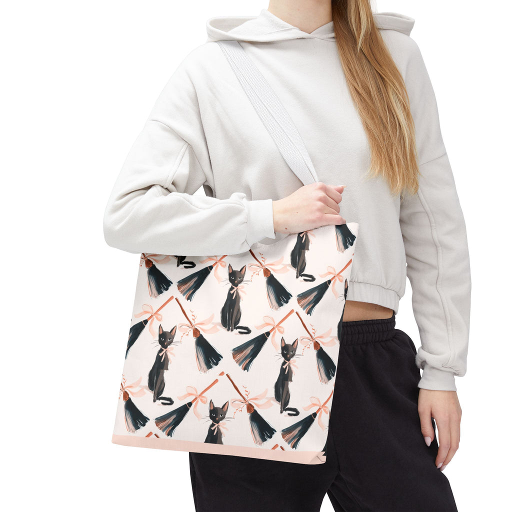 Witchy Black Cat and Broom Tote Bag
