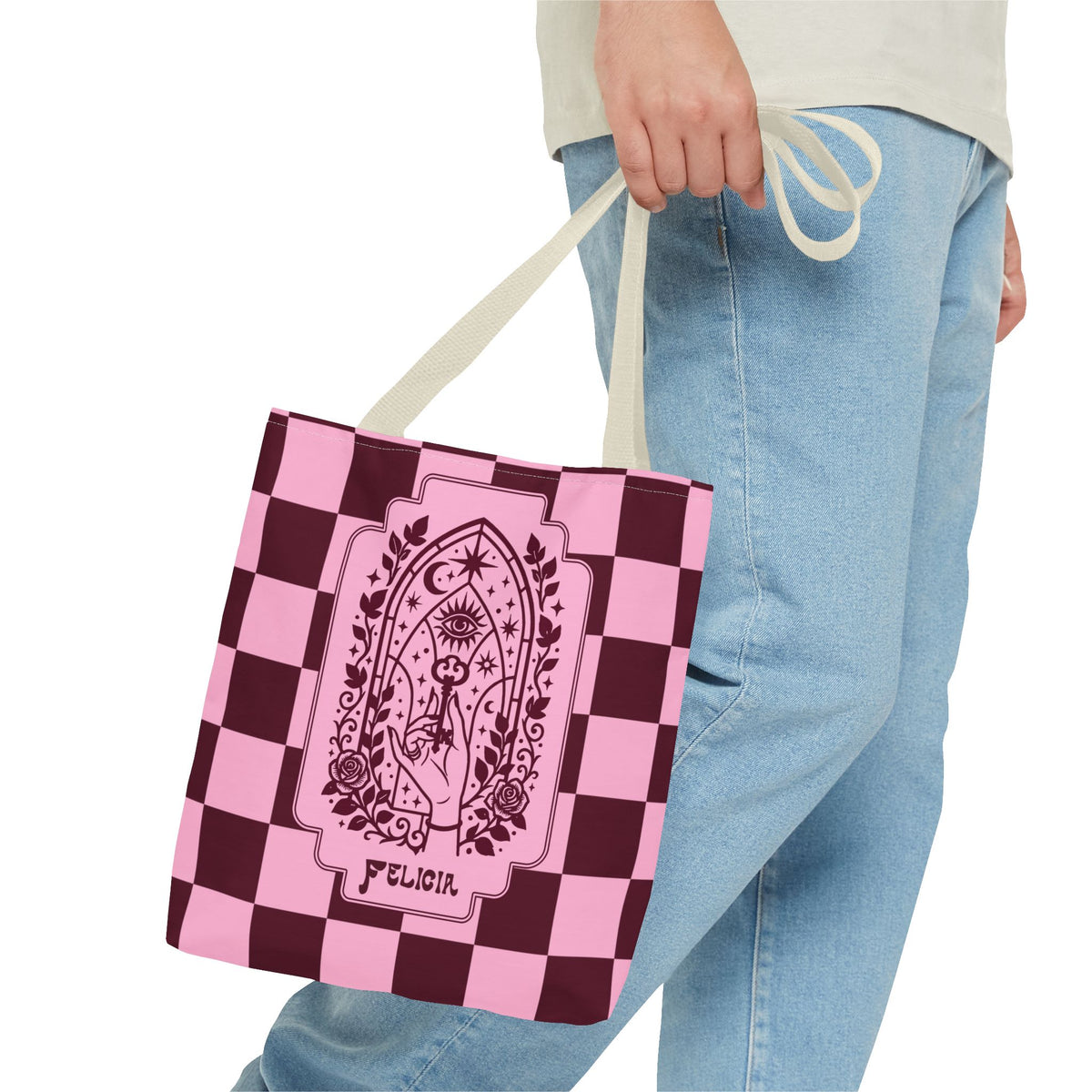 Personalizable Mystic Hand with Key Checkerboard Tote Bag – Pink and Burgundy Retro Goth Carryall