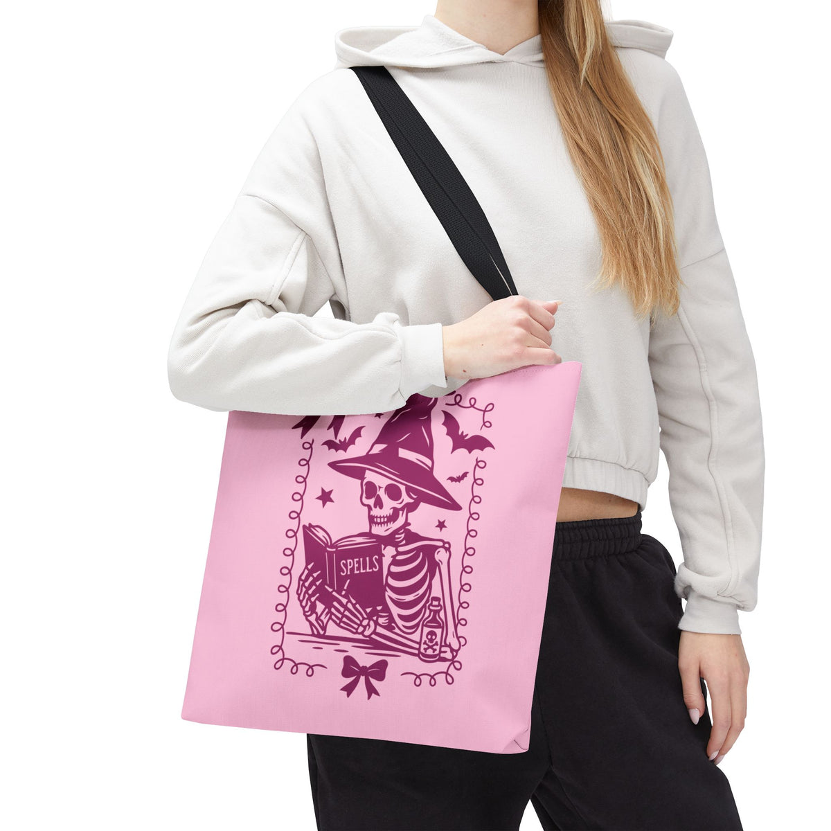 Pink Reading Witch Skeleton Tote Bag — Cute Coquette Frame Halloween Tote