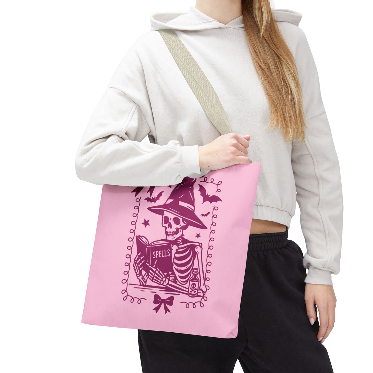 Pink Reading Witch Skeleton Tote Bag — Cute Coquette Frame Halloween Tote