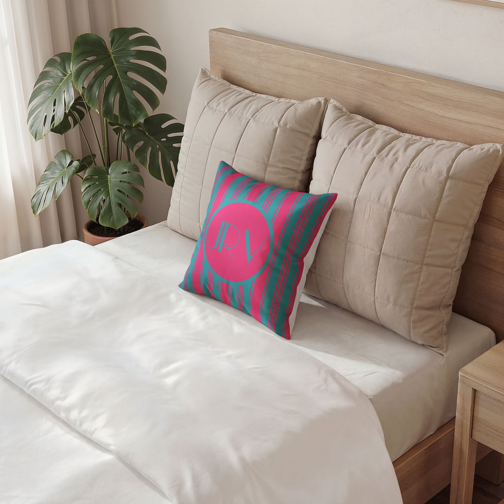 Monogram Velvet Throw Pillow - Bright Pink and Blue Ticking Stripe Decorative Pillow
