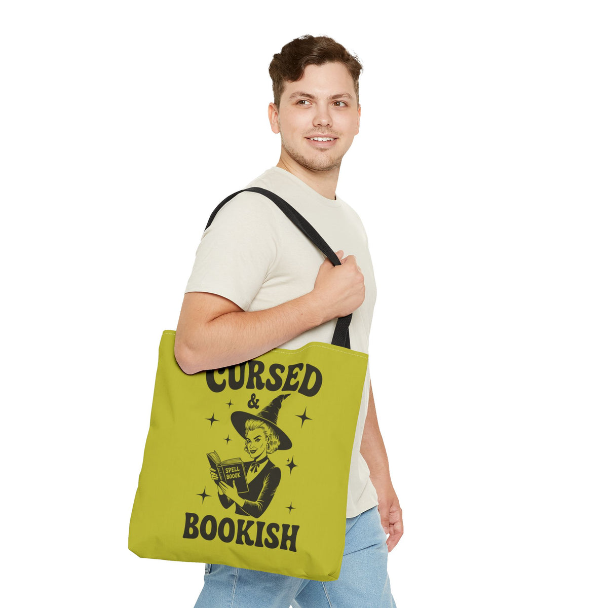 Cursed and Bookish Tote Bag — Green Witchy Reader Tote for Book Lovers