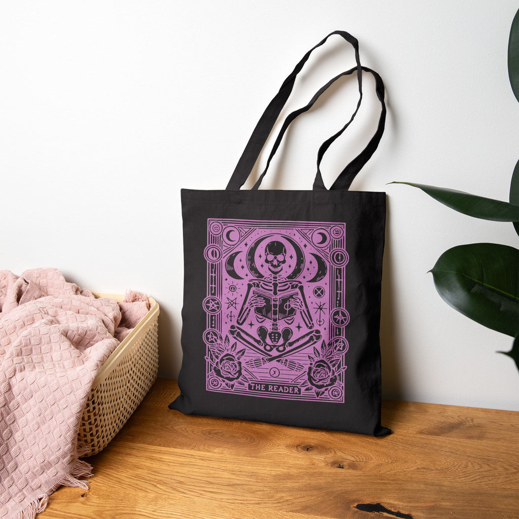 The Reader Skeleton Tarot Design in Purple Cotton Canvas Tote