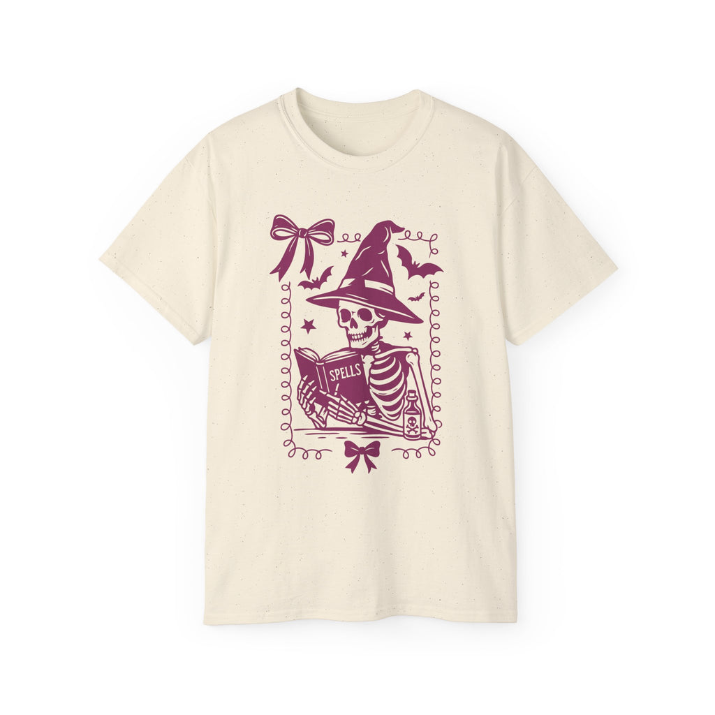Pink Reading Witch Skeleton Tee — Cute Halloween Aesthetic Graphic T-Shirt