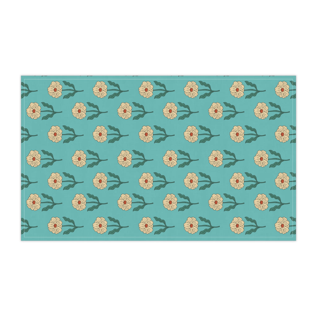 Retro Floral Tea Towel - Hand Drawn Daisies on Teal Kitchen Towel