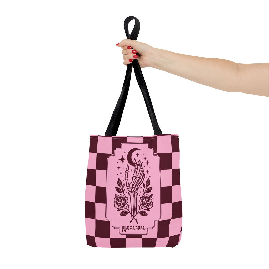 Personalizable Pink Checker Skeletal Hand Tote Bag — Gothic Moon and Roses Carryall