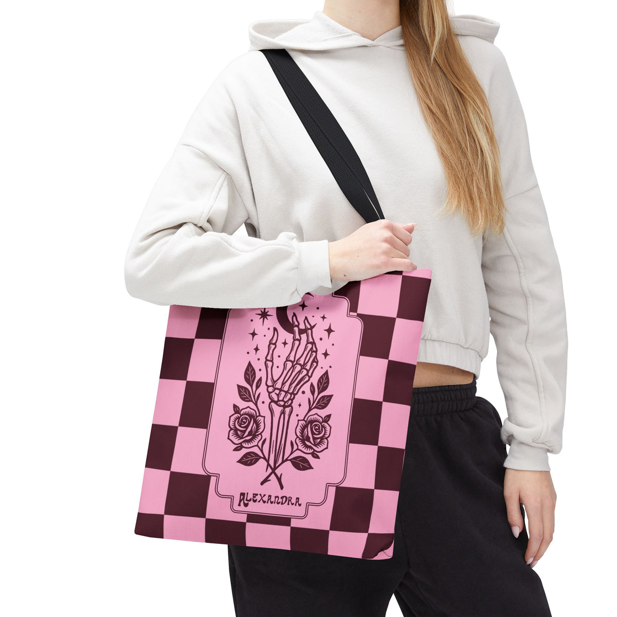 Personalizable Pink Checker Skeletal Hand Tote Bag — Gothic Moon and Roses Carryall