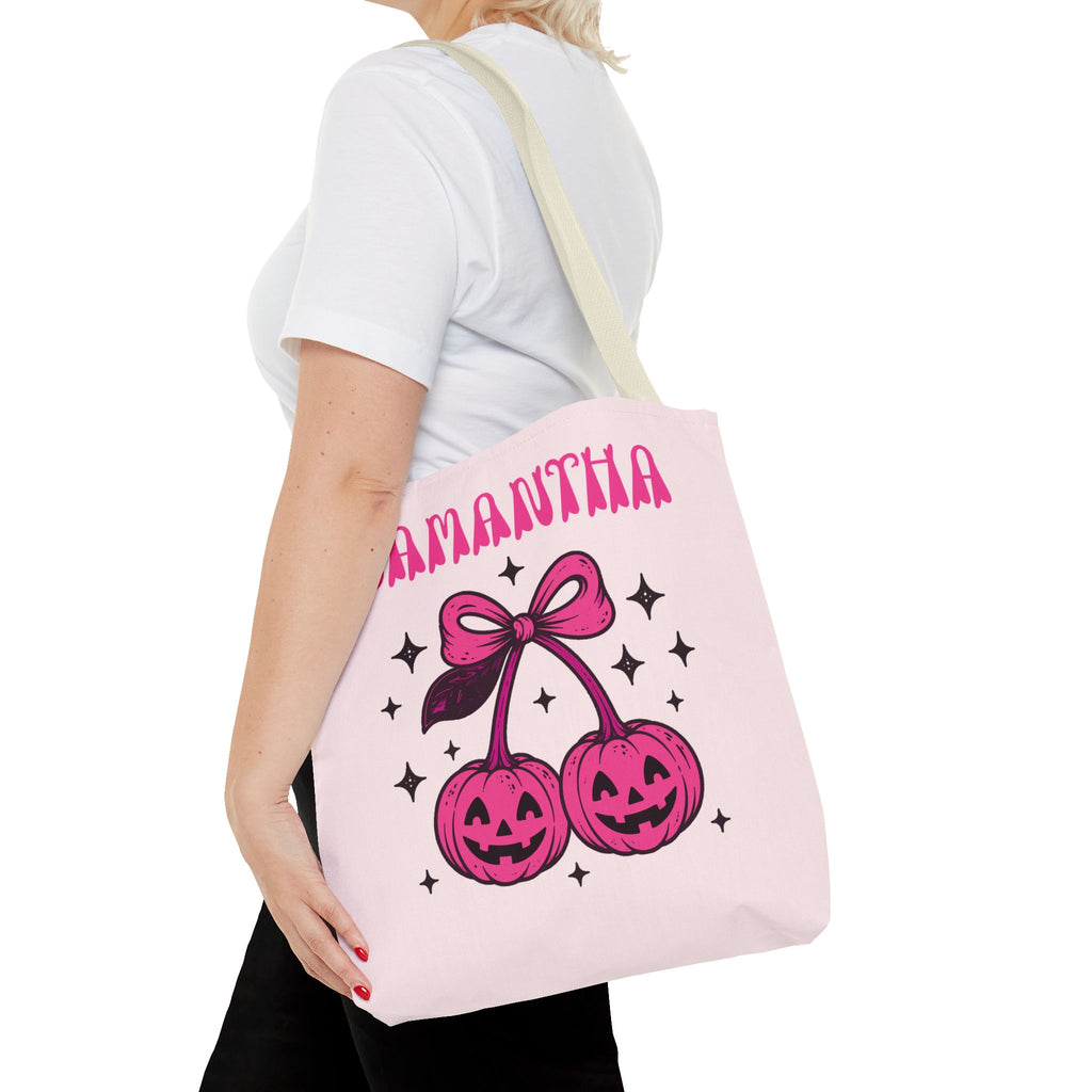 Personalized Halloween Tote - Pink Pumpkin Cherries "So Cute It's Spooky" Trick or Treat Bag