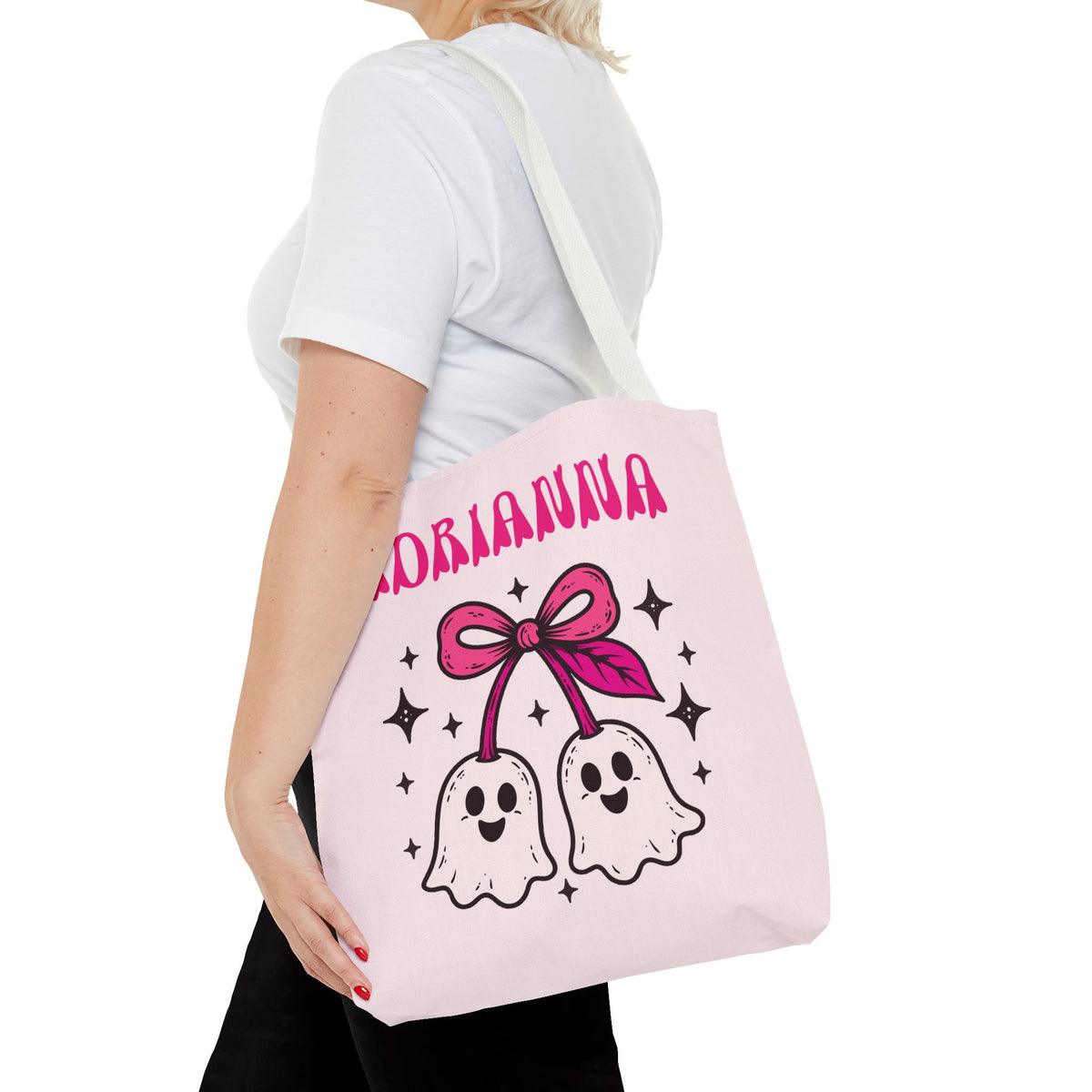 Pink Cute Ghost Cherries Tote Bag - "Spooky and a Cutie" Personalized Halloween Tote