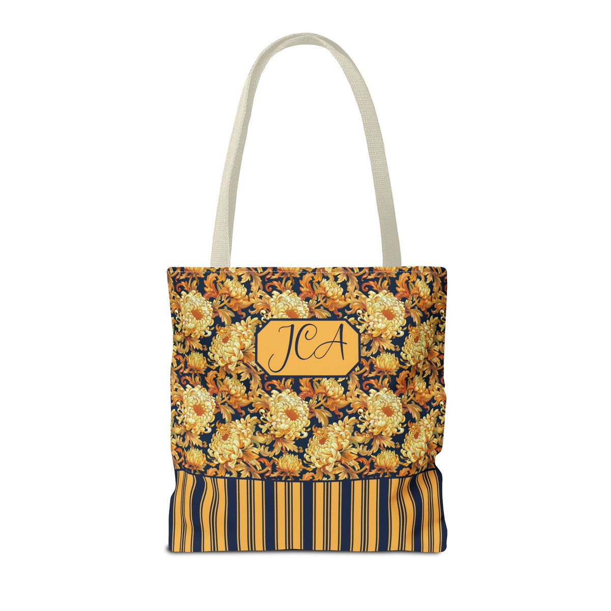 Personalizable Floral Harvest Tote Bag — Vintage Chrysanthemum Striped Tote
