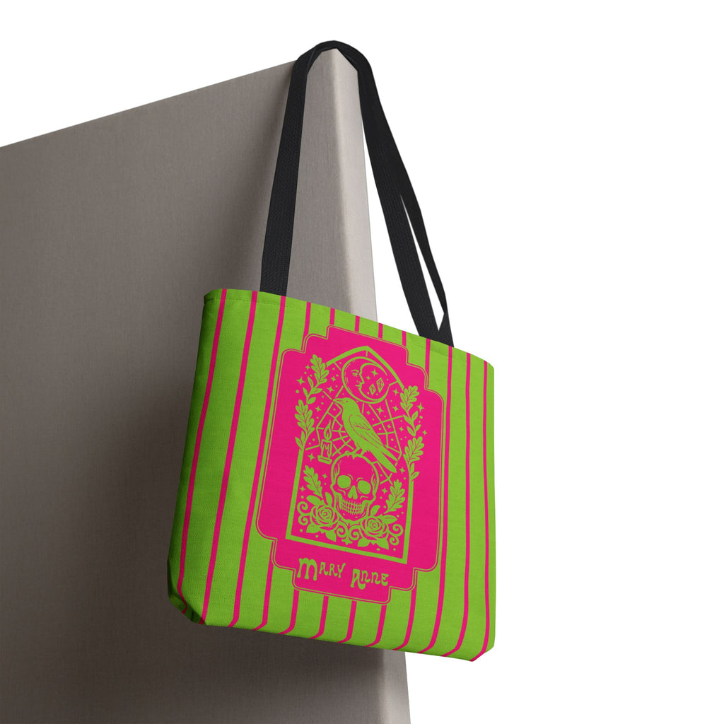 Neon Gothic Raven and Skull Tote Bag - Personalizable Pink and Green Retro Goth Carryall