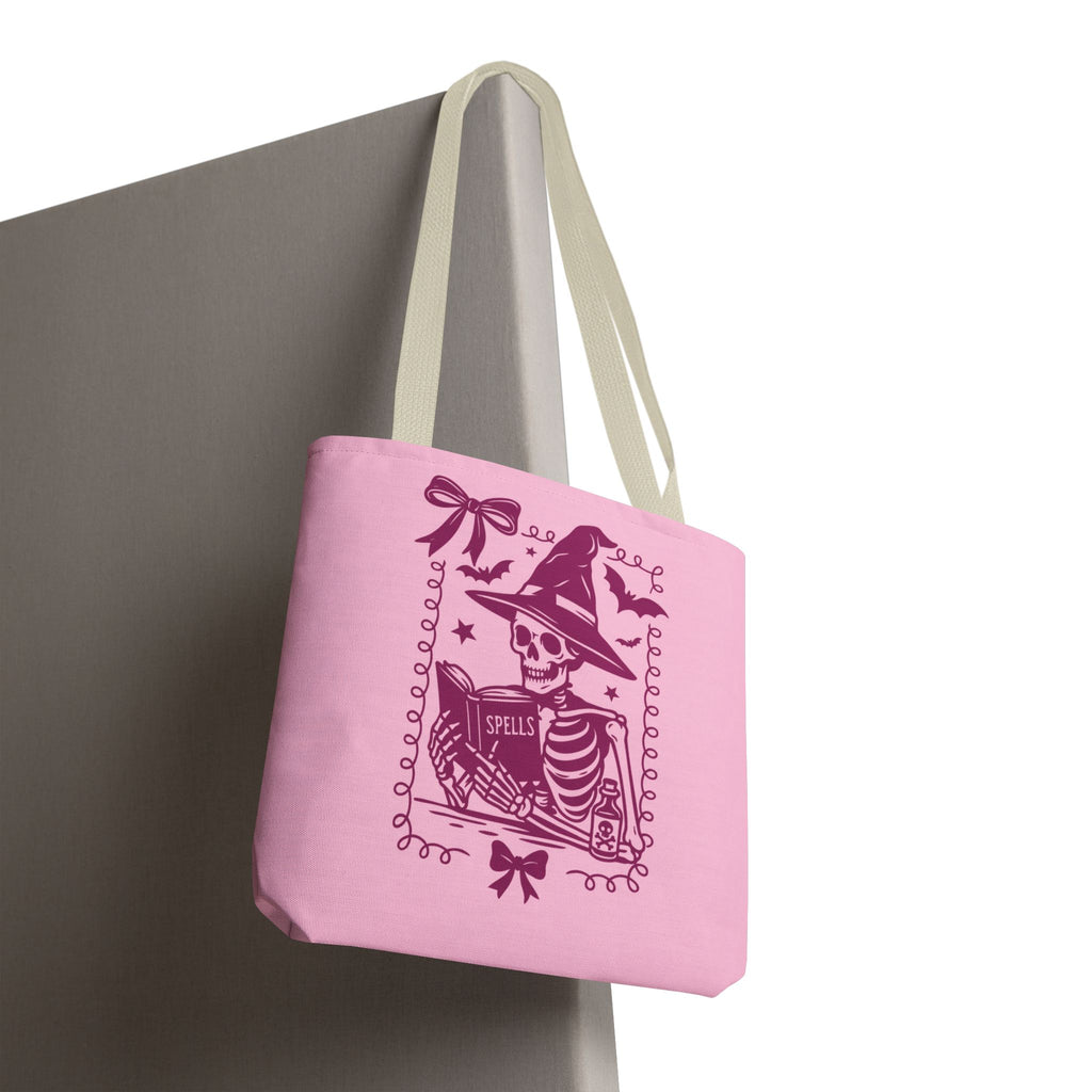 Pink Reading Witch Skeleton Tote Bag — Cute Coquette Frame Halloween Tote