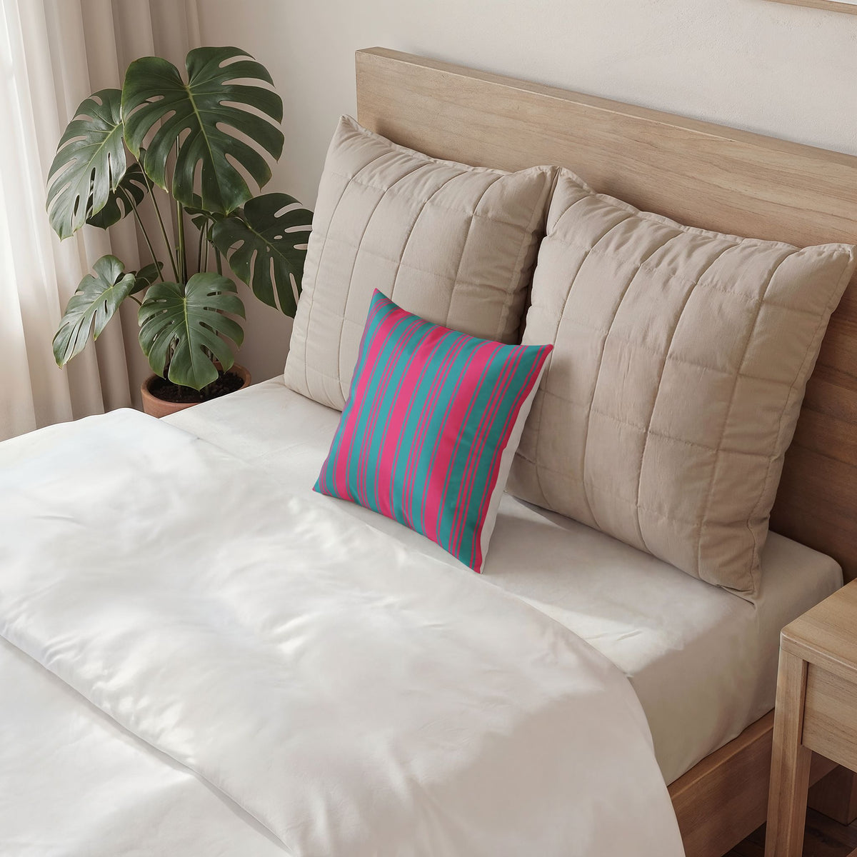 Whimsical Velvet Decor Pillow - Bright Pink and Blue Ticking Stripe Throw Pillow