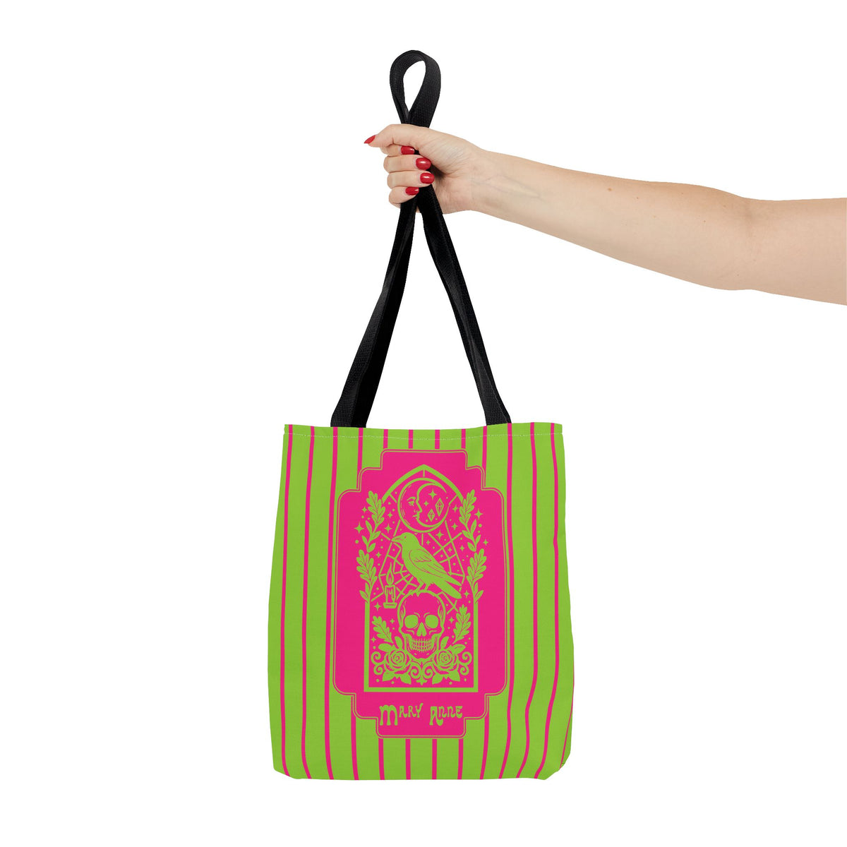 Neon Gothic Raven and Skull Tote Bag - Personalizable Pink and Green Retro Goth Carryall