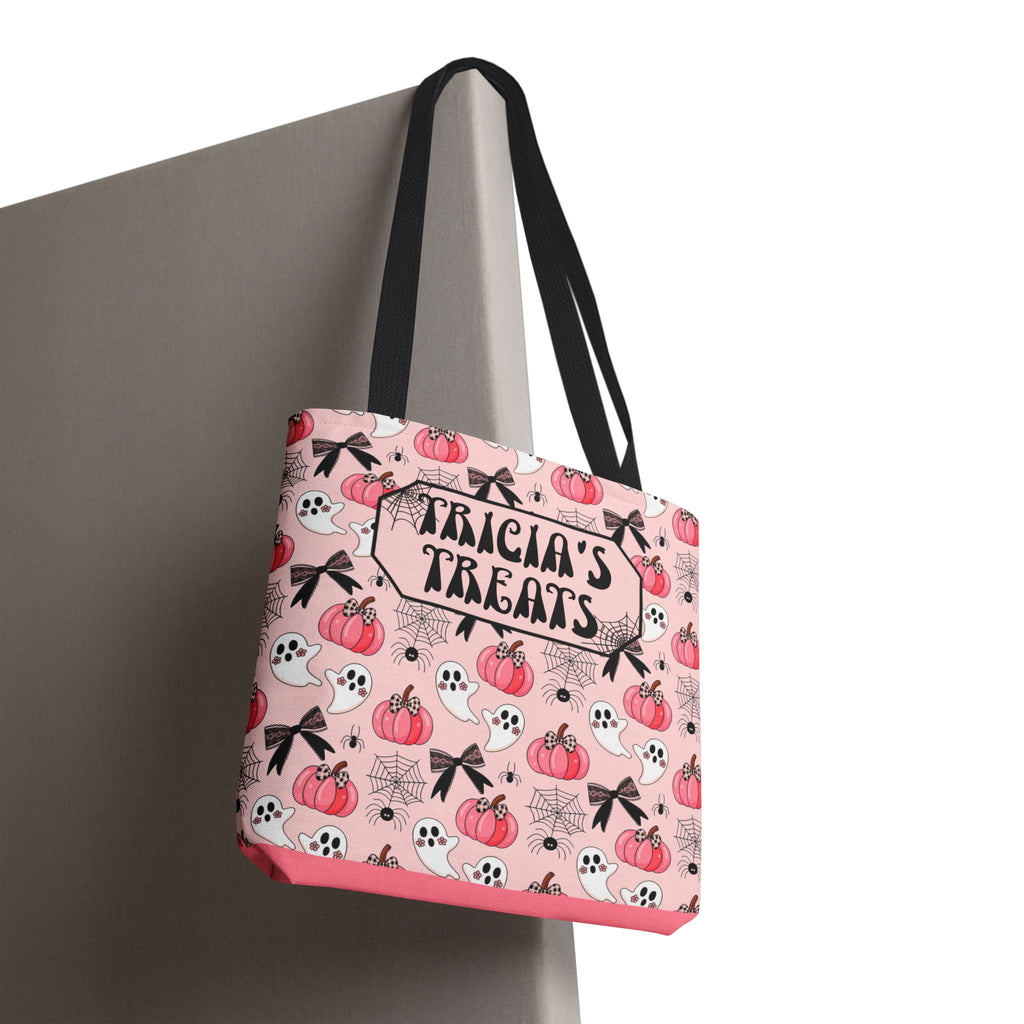 Pink Pumpkin Halloween Tote Bag - Cute Ghosts and Bows Personalizable Trick or Treat Bag