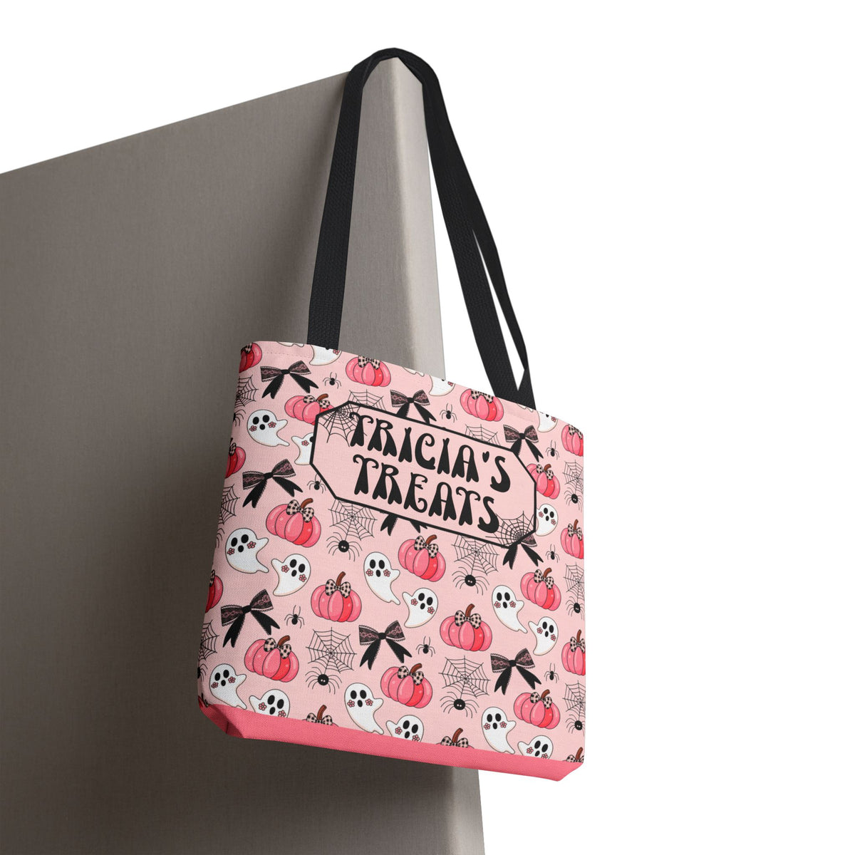 Pink Pumpkin Halloween Tote Bag - Cute Ghosts and Bows Personalizable Trick or Treat Bag