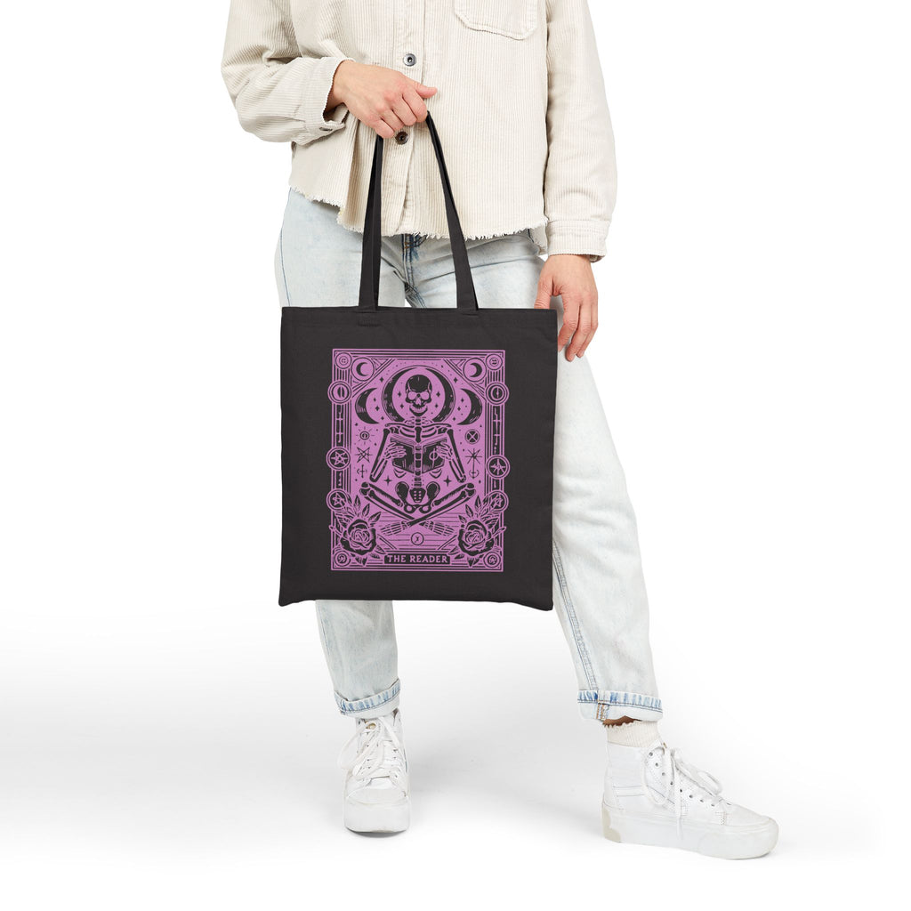 The Reader Skeleton Tarot Design in Purple Cotton Canvas Tote