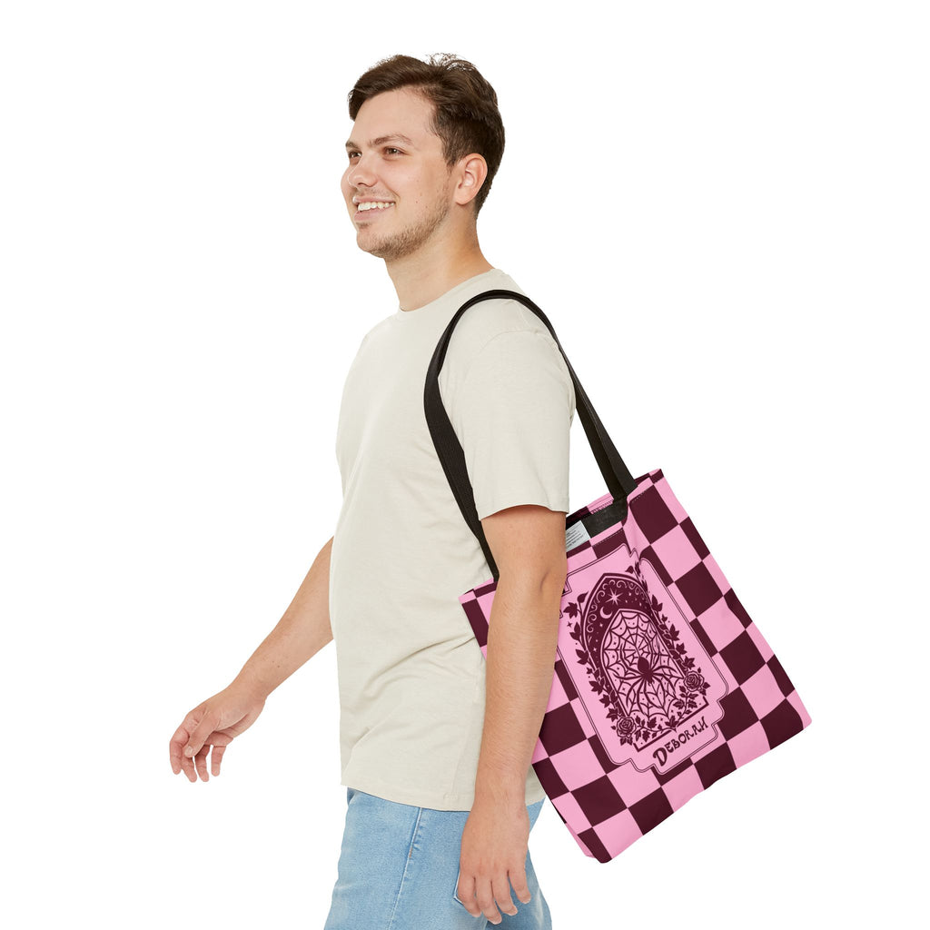 Personalizable Pink and Burgundy Retro Goth Tote with Mystic Spider Stained Glass Design