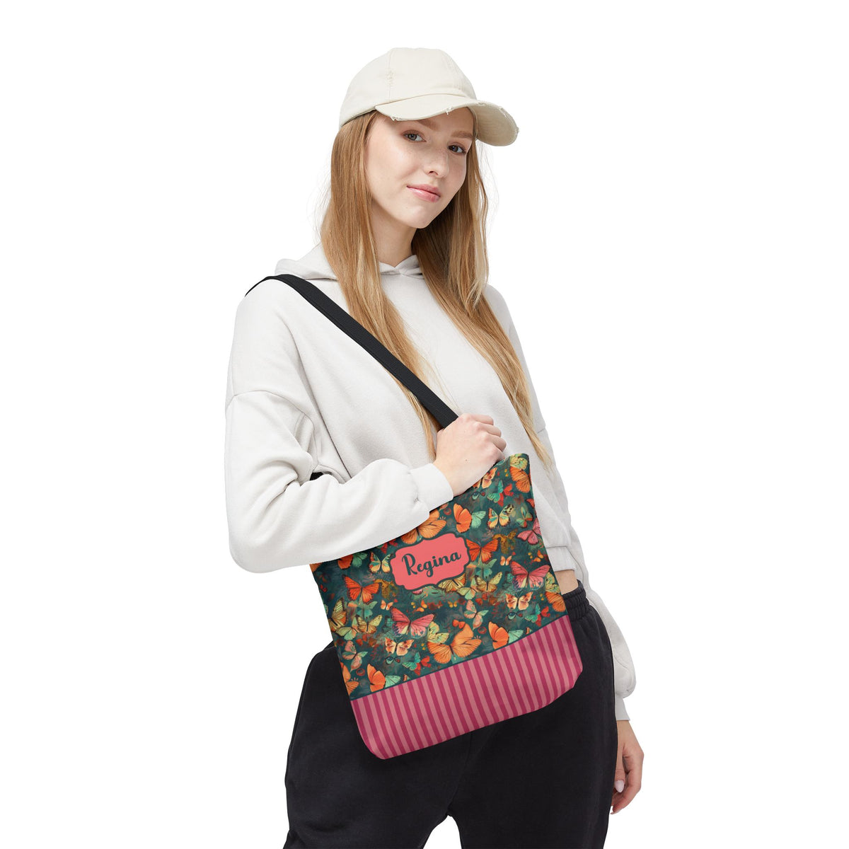 Personalizable Girly Handwriting Bag - Dreamy Butterfly Striped Tote