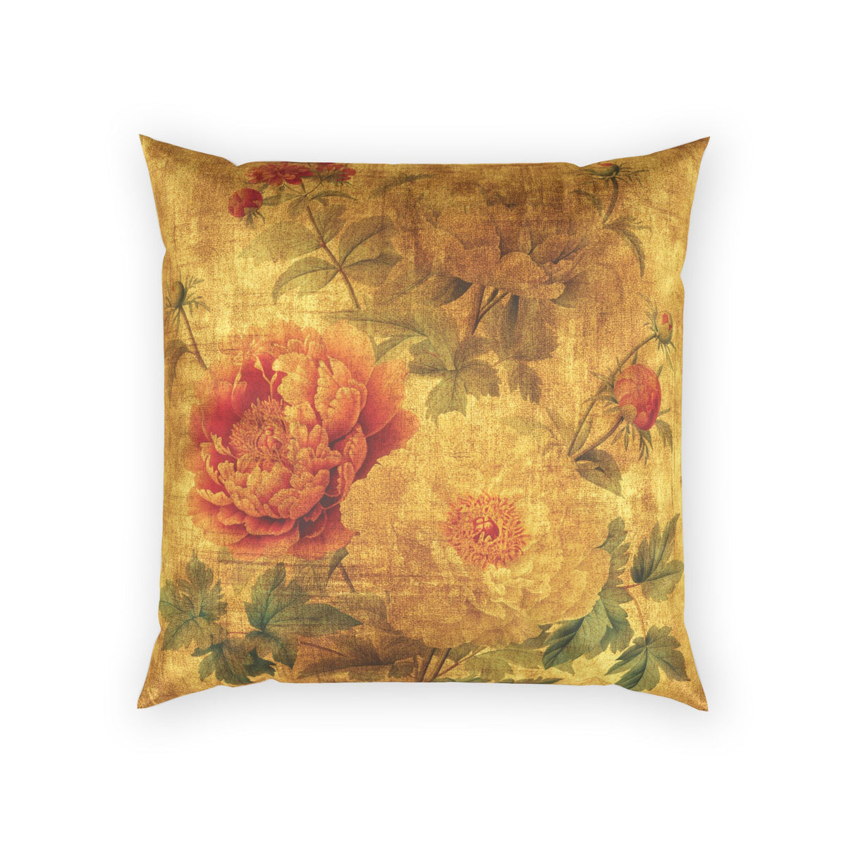 Elegant Gold Velvet Throw Pillow - Vintage Peonies Decorative Pillow