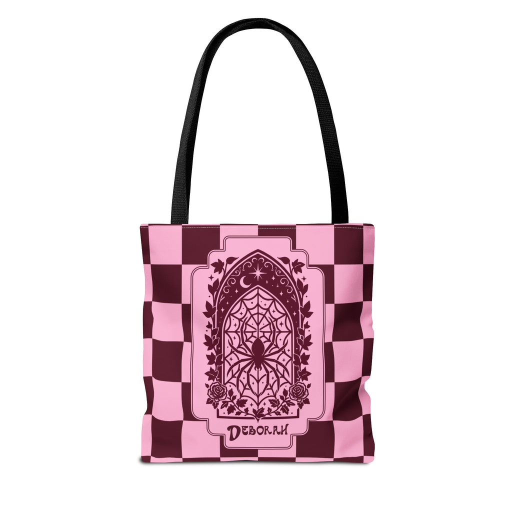 Personalizable Pink and Burgundy Retro Goth Tote with Mystic Spider Stained Glass Design
