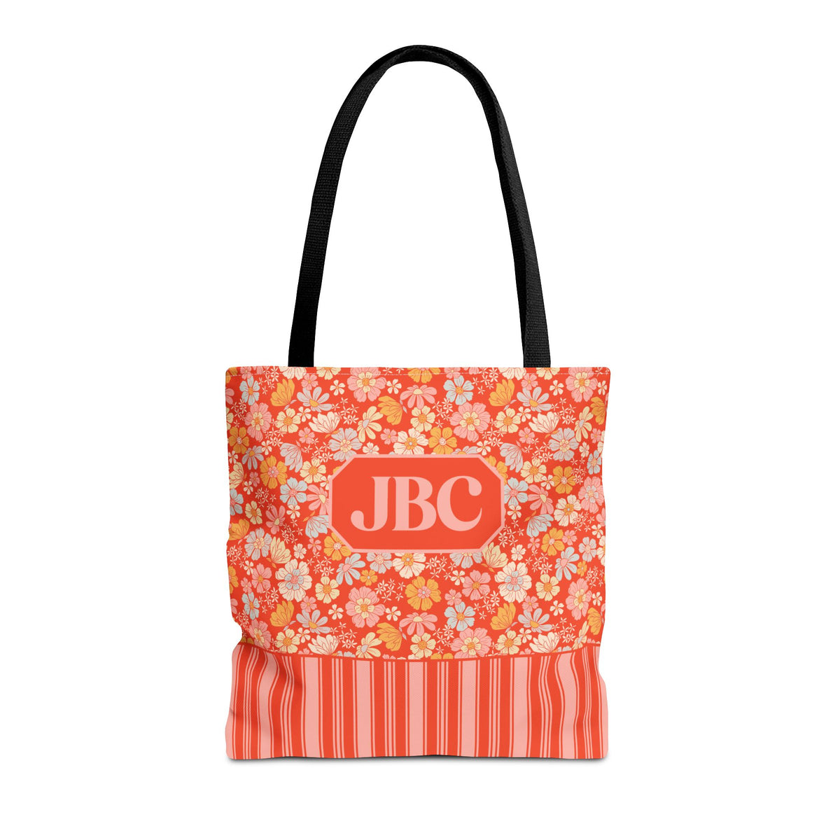 Personalizable Floral Striped Tote Bag - Orange Retro Blossom Tote