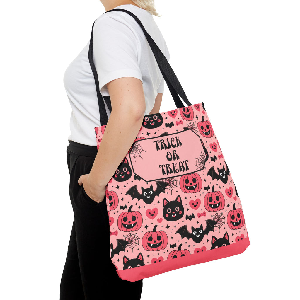 Pink Halloween Trick or Treat Bag  -Personalizable Carryall with Cute Cats, Bats and Jack-O'-Lanterns