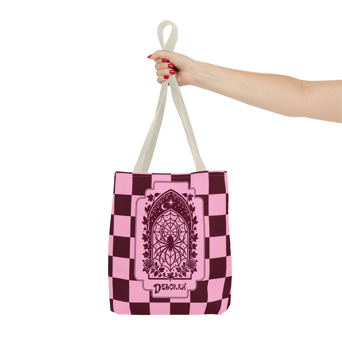 Personalizable Pink and Burgundy Retro Goth Tote with Mystic Spider Stained Glass Design