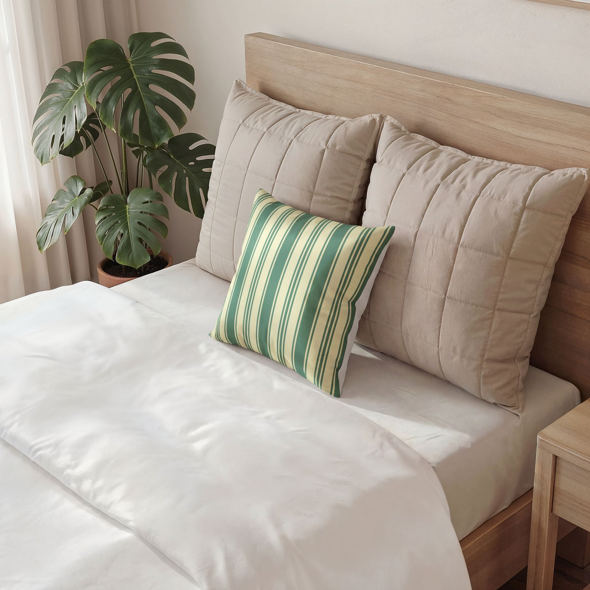 Striped Velvet Pillow - Elegant Mint and Cream Ticking Stripe Throw Pillow