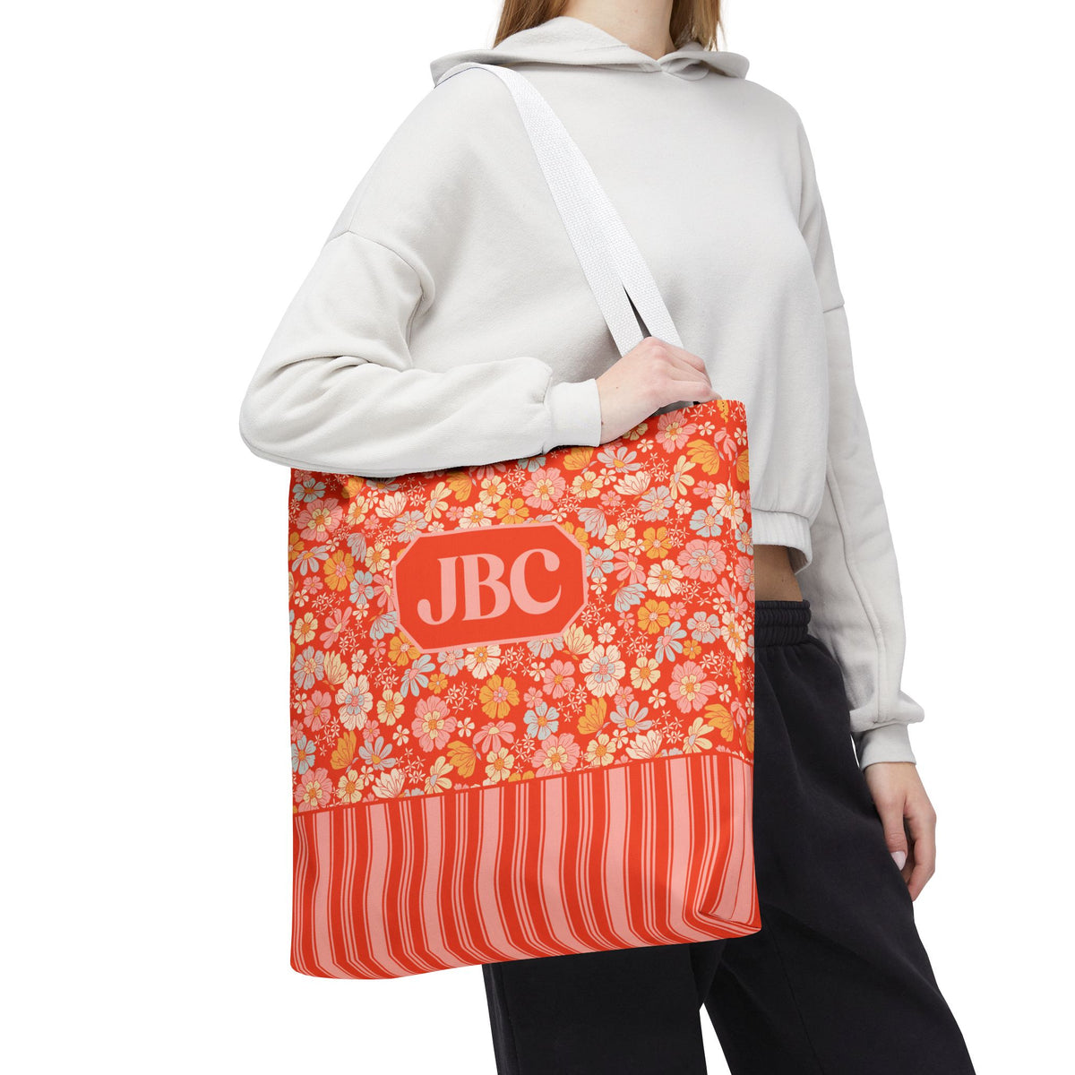 Personalizable Floral Striped Tote Bag - Orange Retro Blossom Tote