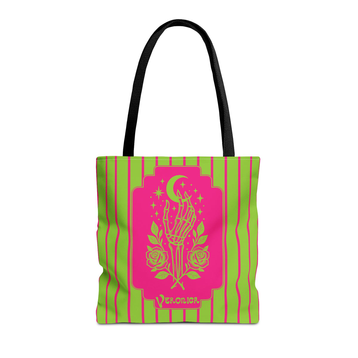Mystic Skeletal Hand Tote Bag -Personalizable Retro Gothic Neon Moon and Roses Carryall