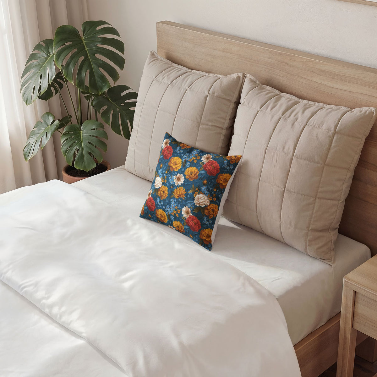 Velvet Floral Pillow - Vivid Blue Vintage Garden Decorative Pillow