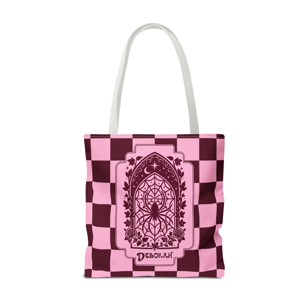 Personalizable Pink and Burgundy Retro Goth Tote with Mystic Spider Stained Glass Design