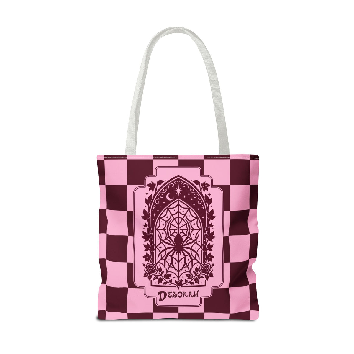 Personalizable Pink and Burgundy Retro Goth Tote with Mystic Spider Stained Glass Design