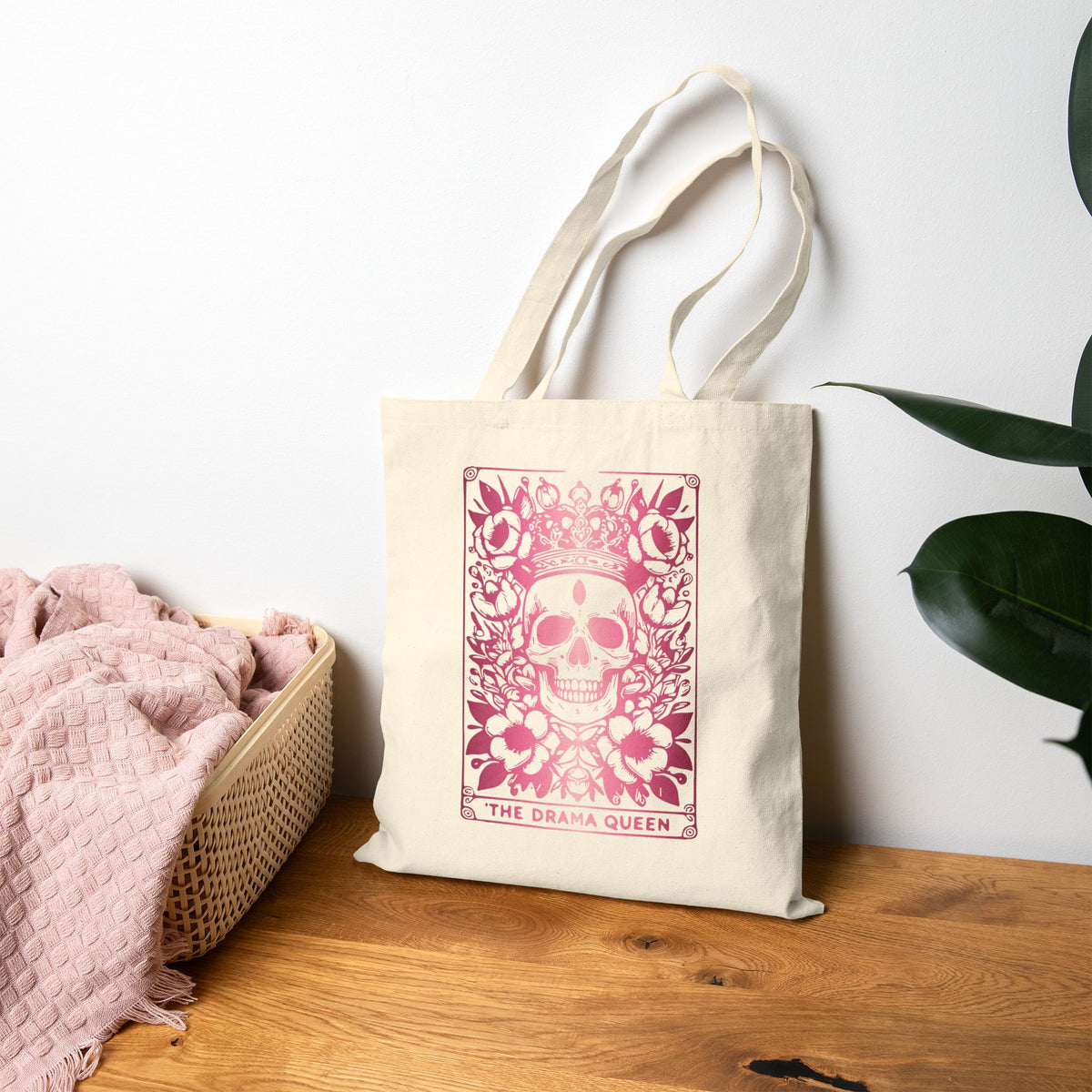 "The Drama Queen" Tarot Bag -Pink Gradient Floral Skull Cotton Canvas Tote