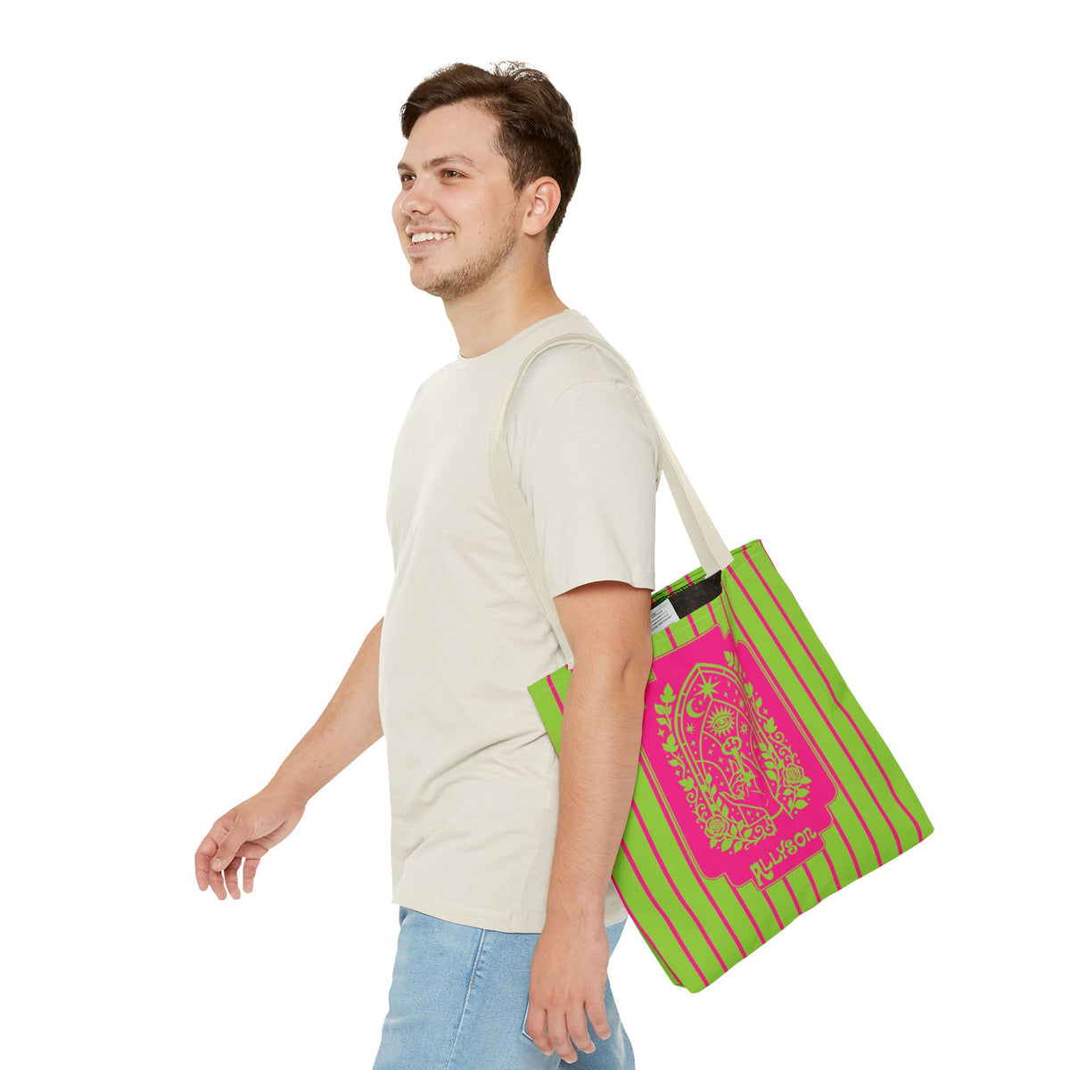 Personalizable Mystic Hand Neon Key Tote Bag -Retro Pink and Lime All-Over Print