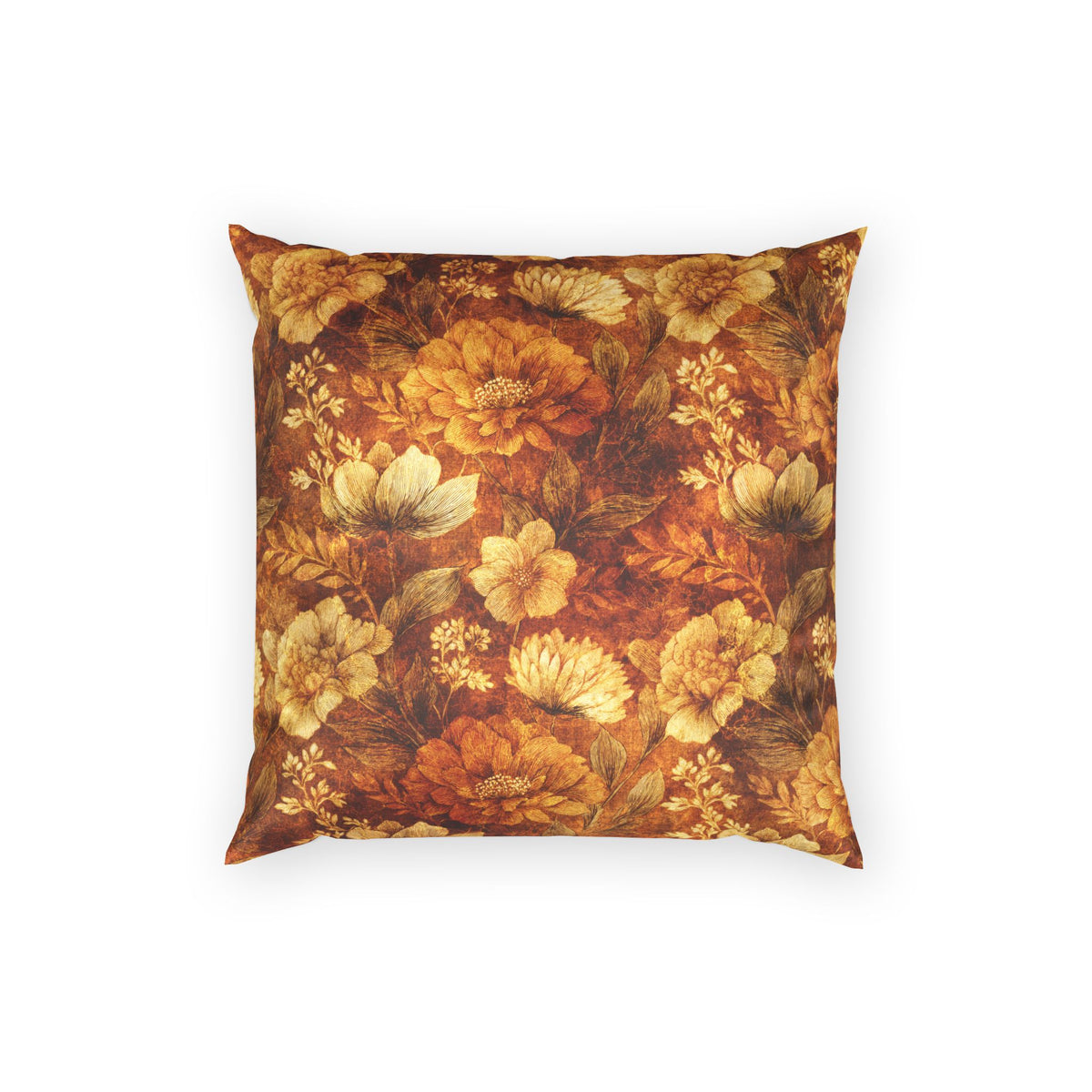 Vintage Velvet Throw Pillow - Golden Brown Floral Decorative Pillow